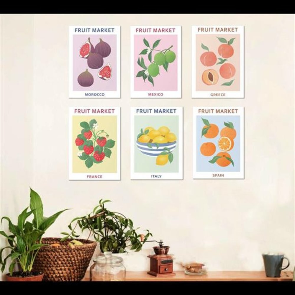 Vintage Retro Style Fruit Market Travel Kitchen Decor Wall Art Set of 6 Prints